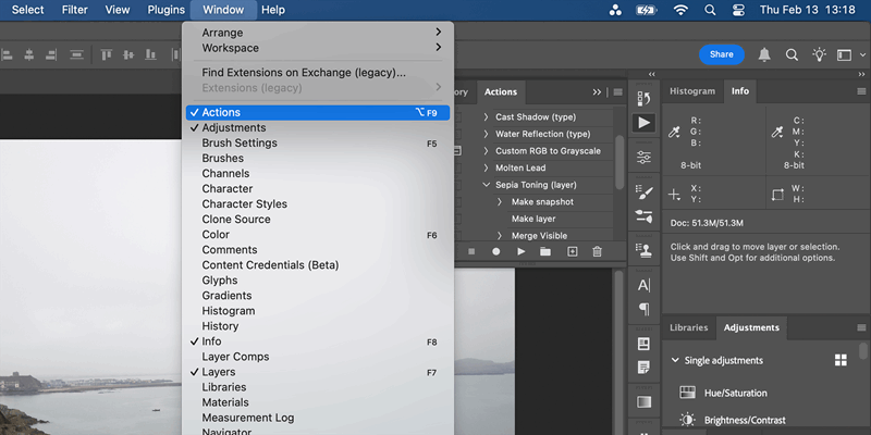 پنل اکشنهای فتوشاپ در پنجره