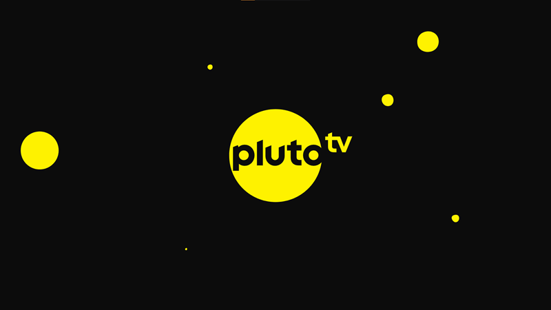 لوگوی Pluto TV، با مجموعه‌ای از نقطه‌های زرد بر زمینه سیاه
