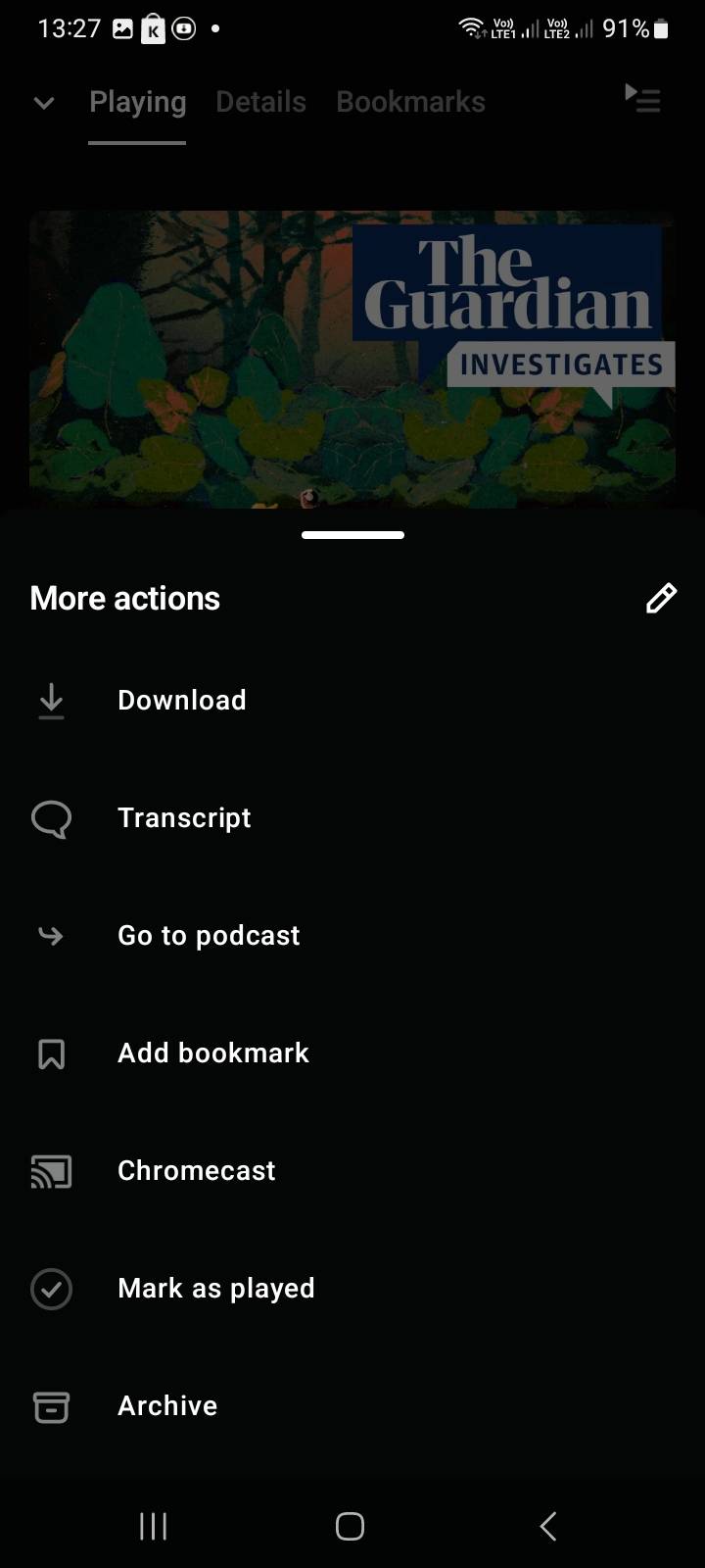 منوی عمل‌های Pocket Casts