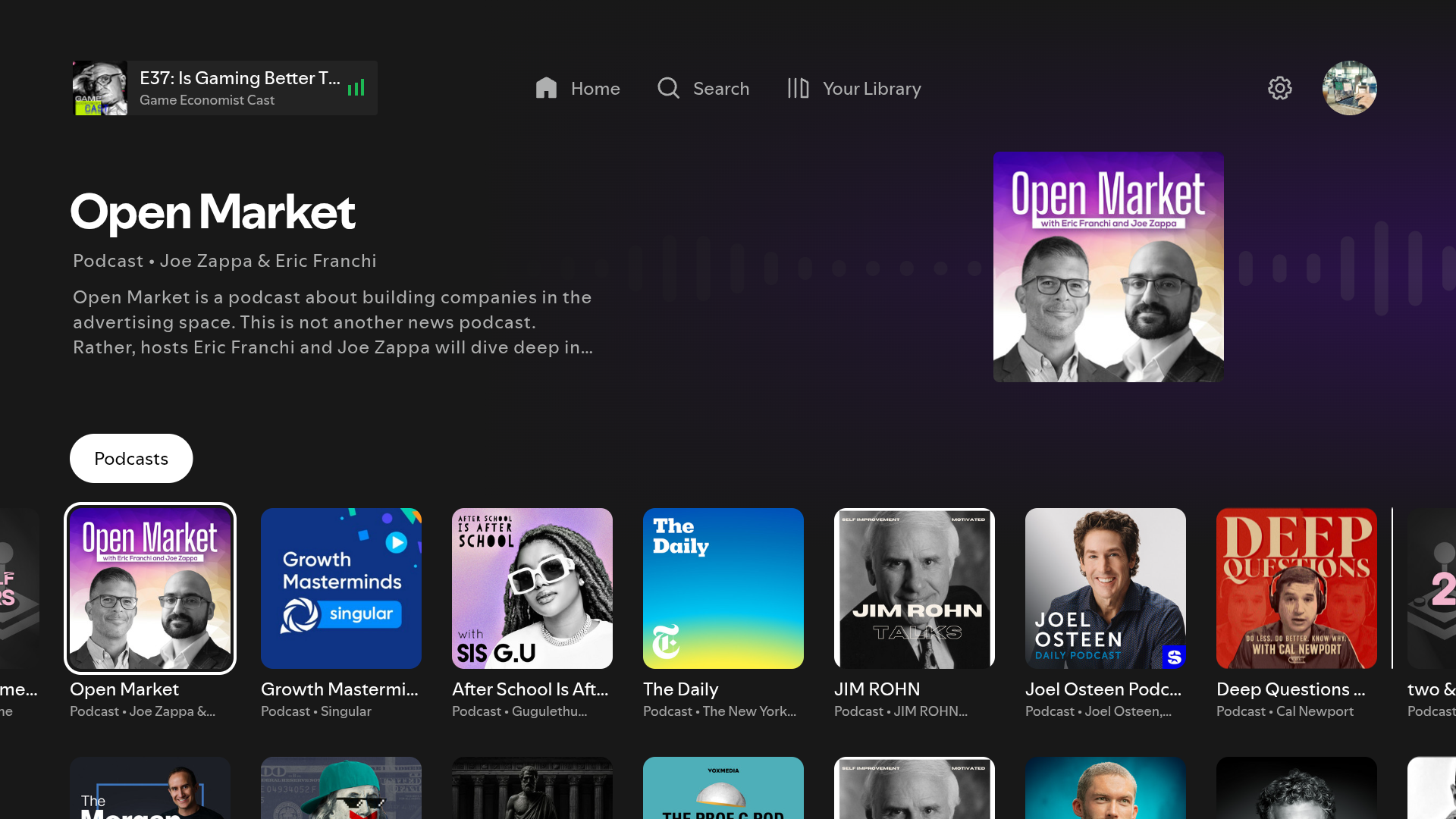 زبانه پادکست‌ها در برنامه تلویزیونی Spotify