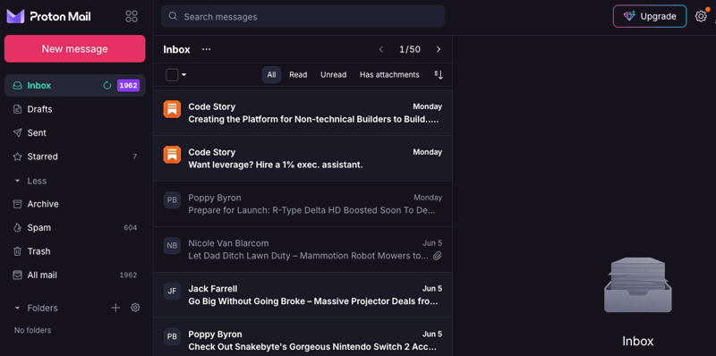نمایش صندوق ورودی Proton Mail در وب