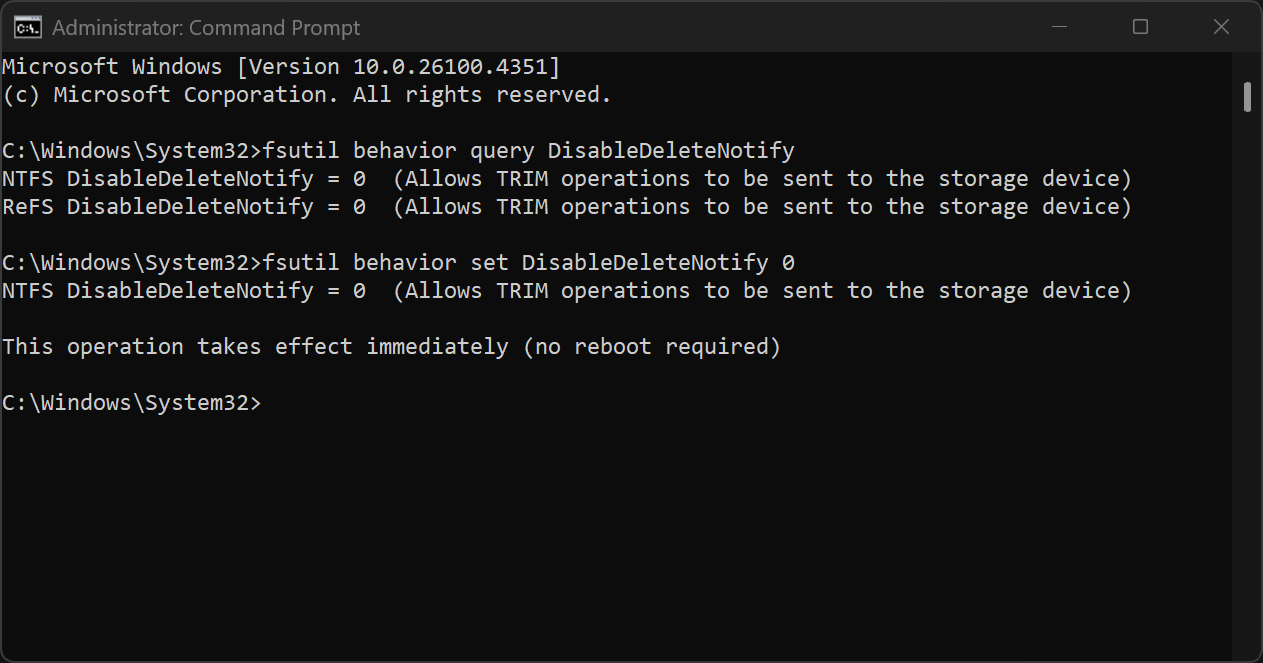 پرس‌وجو در Command Prompt مدیر برای بررسی وضعیت TRIM.