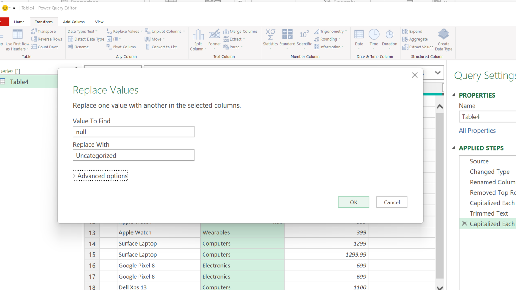 پنجره گفتگوی Replace Values در ویرایشگر Power Query اکسل