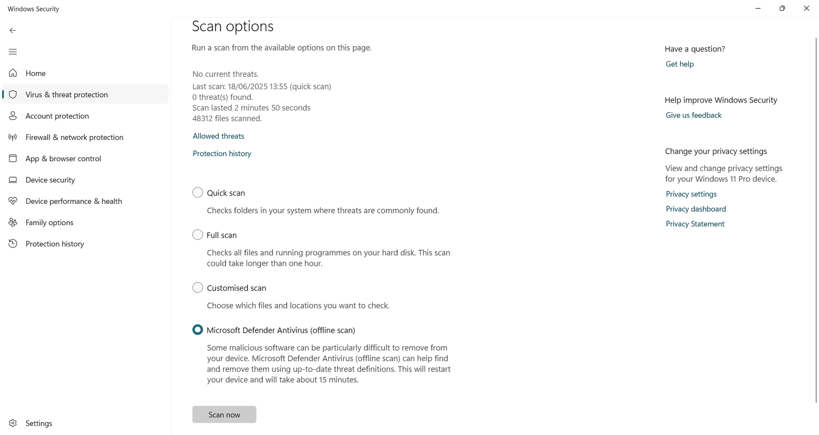 اجرای اسکن آفلاین در ویندوز سکیوریتی