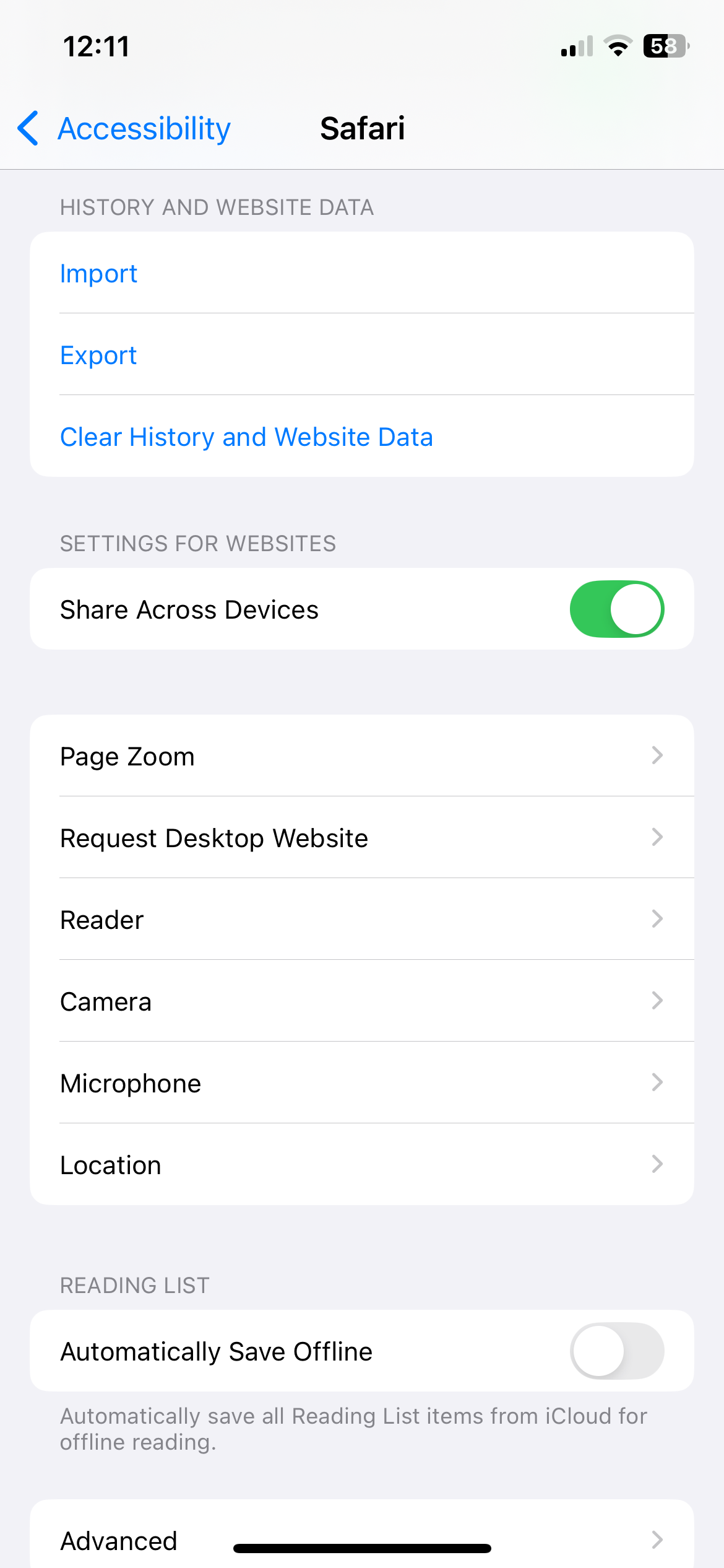 منوی تنظیمات Safari در آیفون