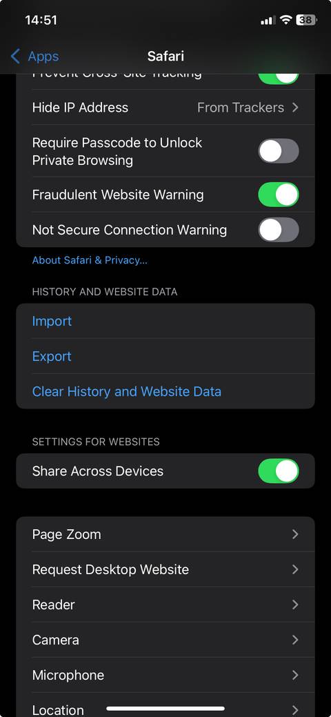 صفحه تنظیمات Safari