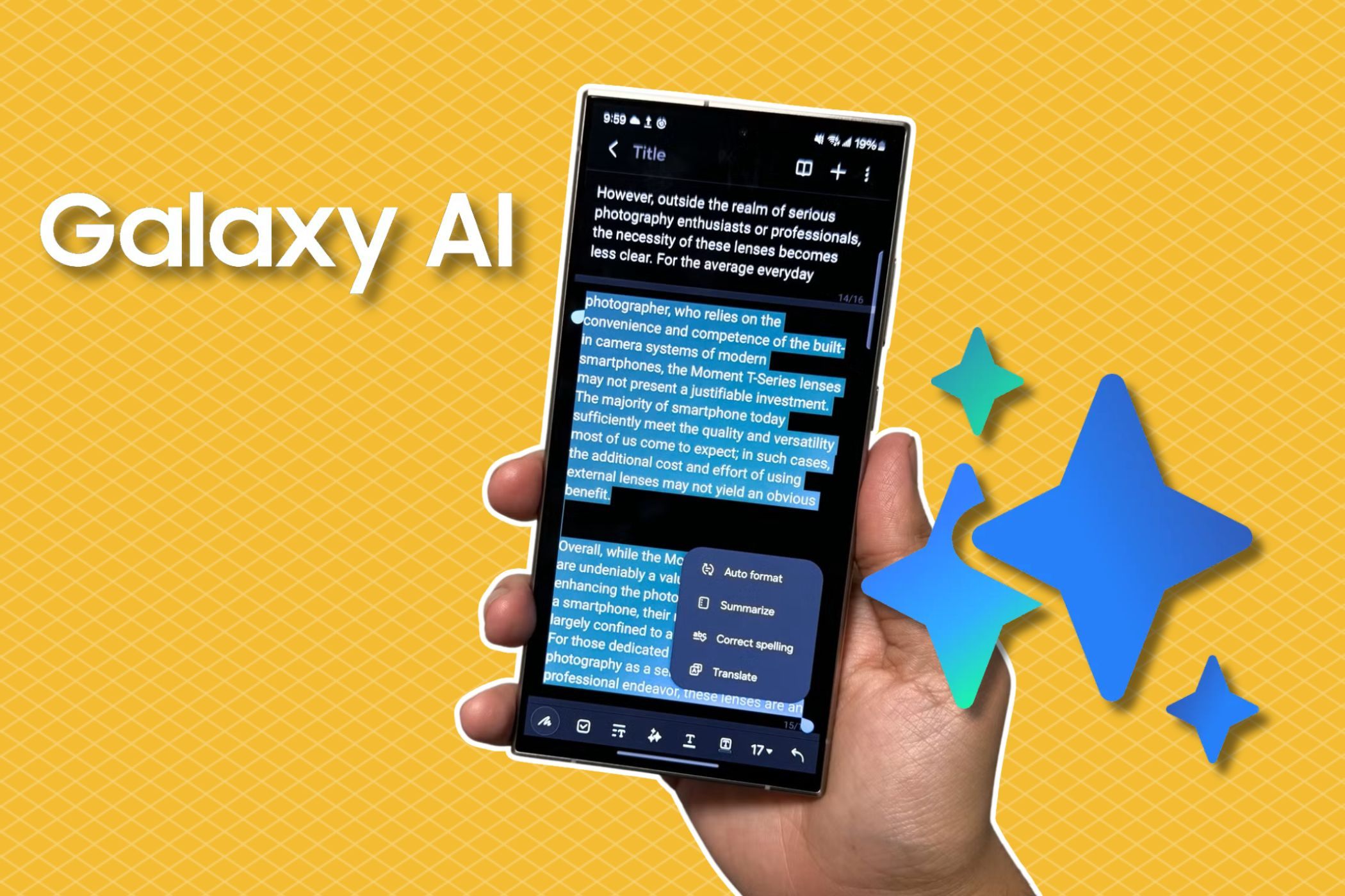 سامسونگ گالکسی S24 Ultra با آیکون Galaxy AI و پسزمینهٔ گرادیان زرد