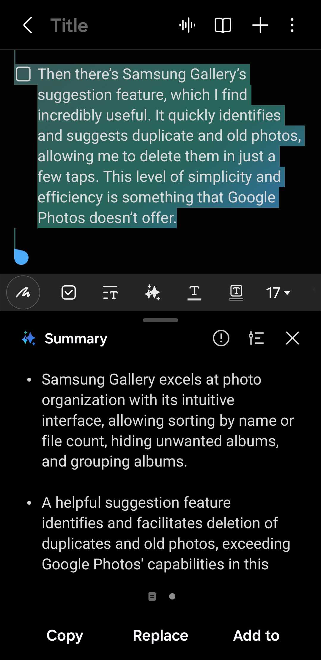 برنامه Samsung Notes نمایش خلاصه یک یادداشت