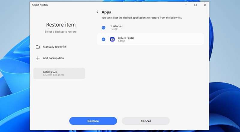 برنامه Samsung Smart Switch نشان می‌دهد گزینه بازیابی داده‌ها در رایانه