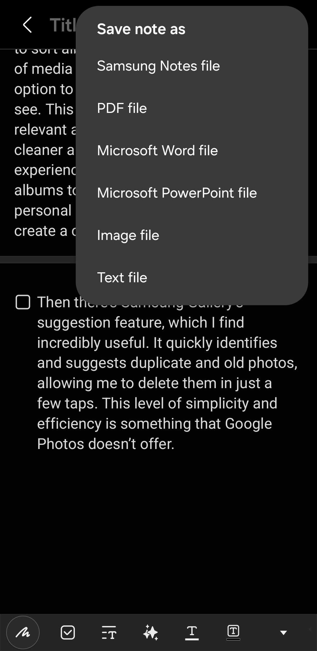 منوی ذخیره یادداشت به عنوان در برنامه Samsung Notes