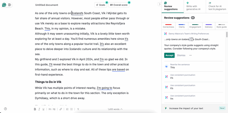 رابط کاربری برنامه Grammarly Pro