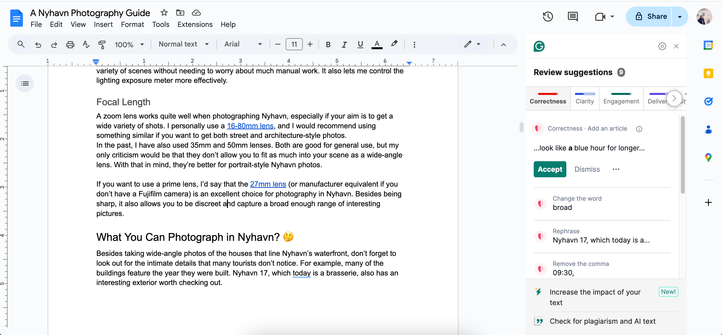 ویرایش یک Google Doc با Grammarly