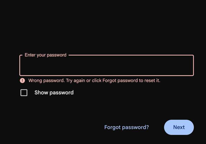 پیام خطای رمز عبور نادرست هنگام تلاش برای ورود به جیمیل