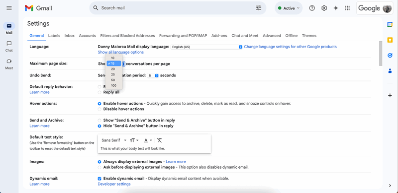 تغییر تعداد مکالمات در صفحهٔ اول جیمیل