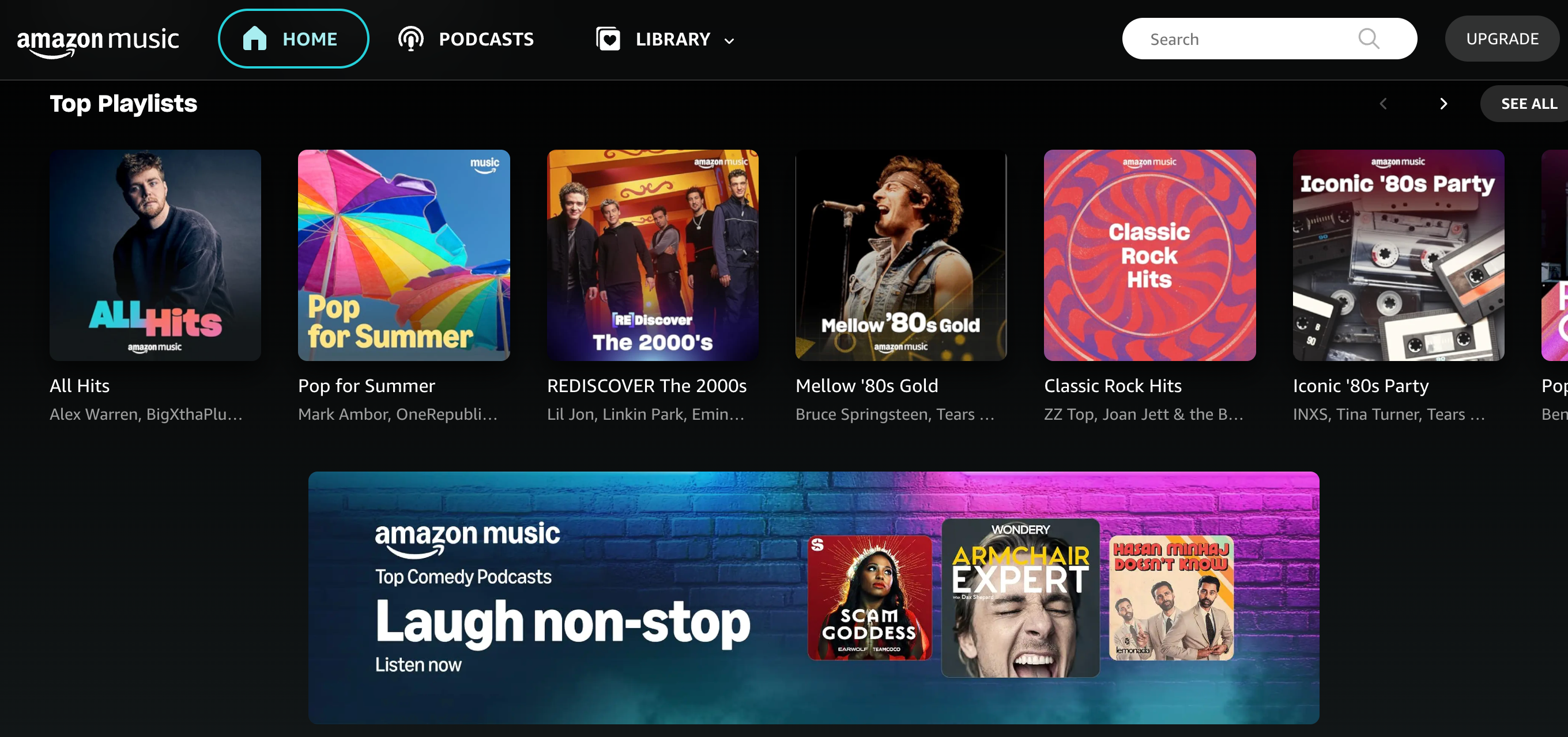 برترین فهرست‌های پخش در صفحه اصلی Amazon Music