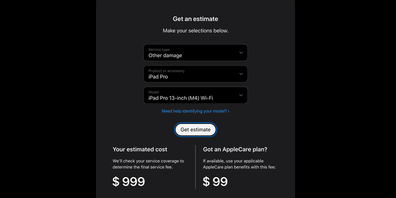 صفحه پشتیبانی Apple باز با برآورد هزینه تعمیر iPad