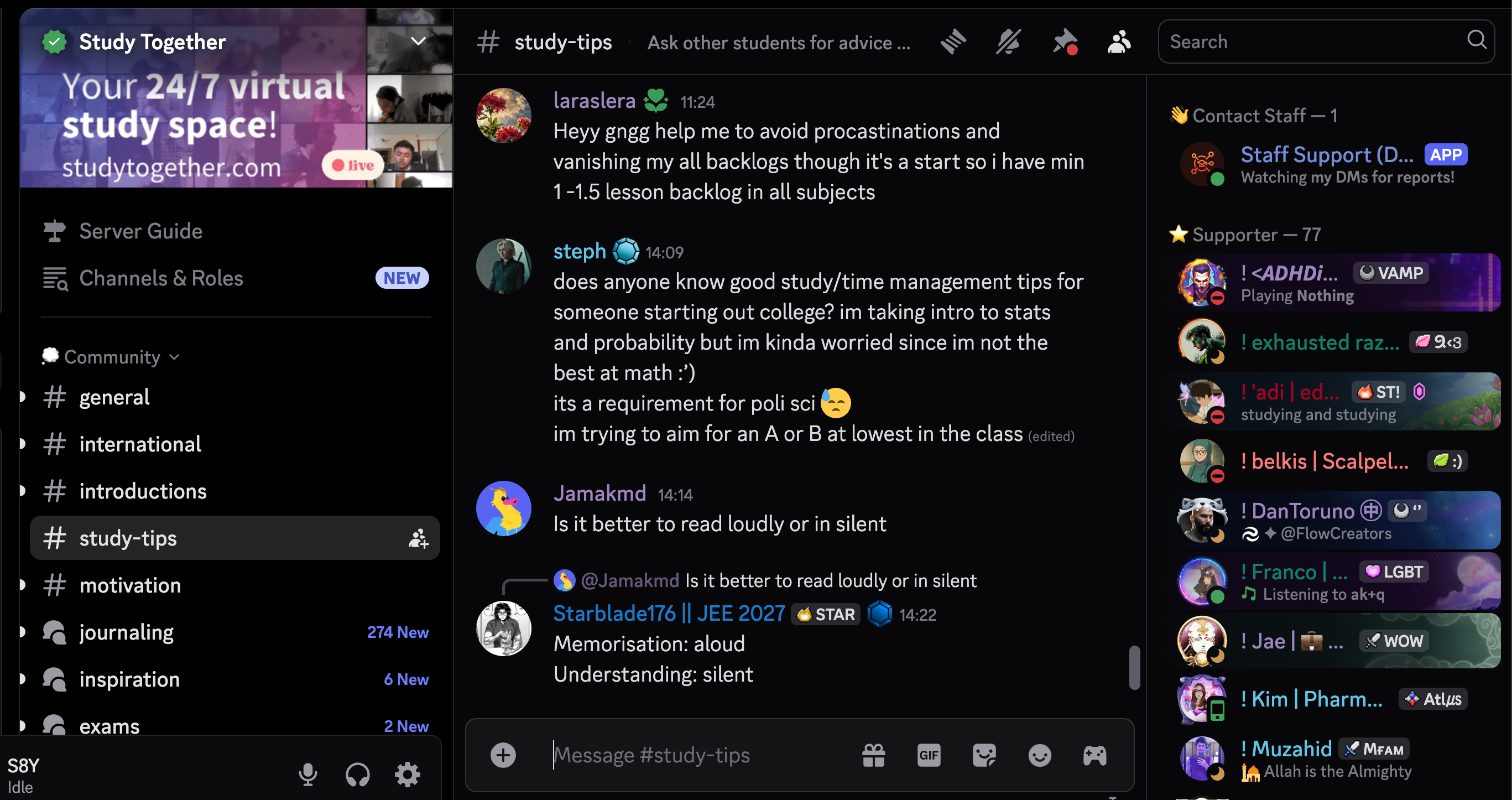 سرور Discord Study Together باز با افرادی که در مورد نکات مطالعه صحبت می‌کنند