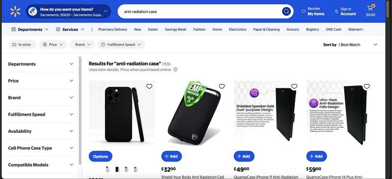 صفحه جستجو که کیس‌های ضد اشعه را در وال‌مارت نشان می‌دهد