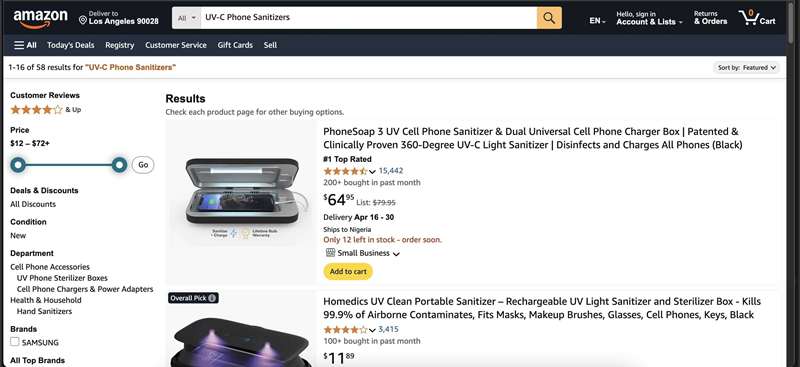 صفحه جستجو که دستگاه‌های پاک‌کنندهٔ UV گوشی را در آمازون نشان می‌دهد