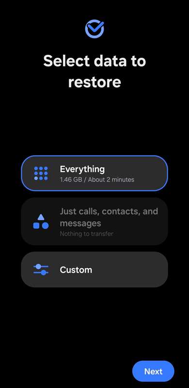 منوی انتخاب داده برای بازیابی در گوشی سامسونگ