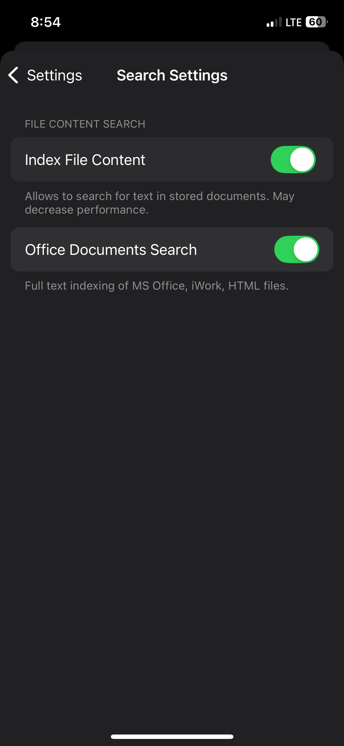 تنظیمات جستجو در برنامه Documents بر روی آیفون