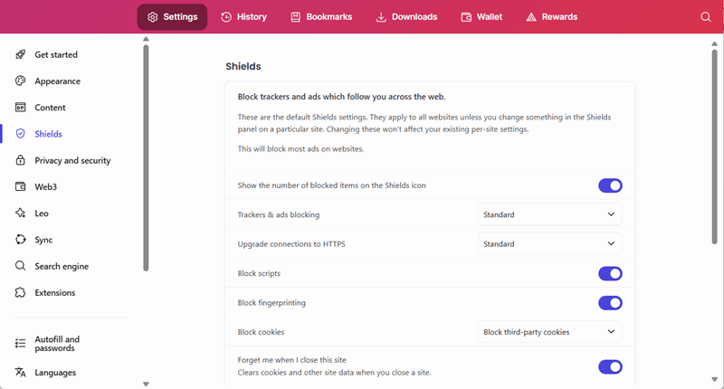 بخش Shields از منوی تنظیمات Brave