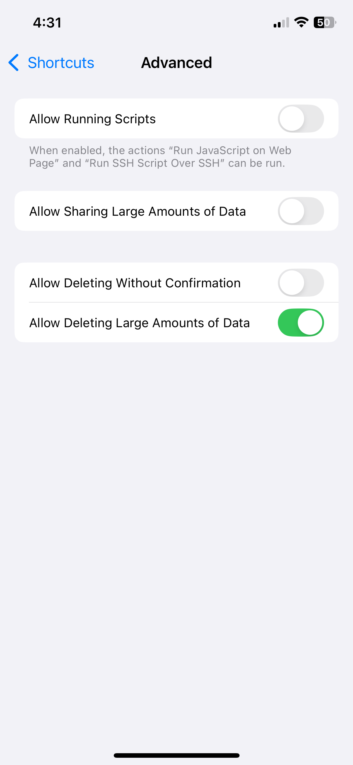 منوی تنظیمات پیشرفته برنامه Shortcuts در iPhone