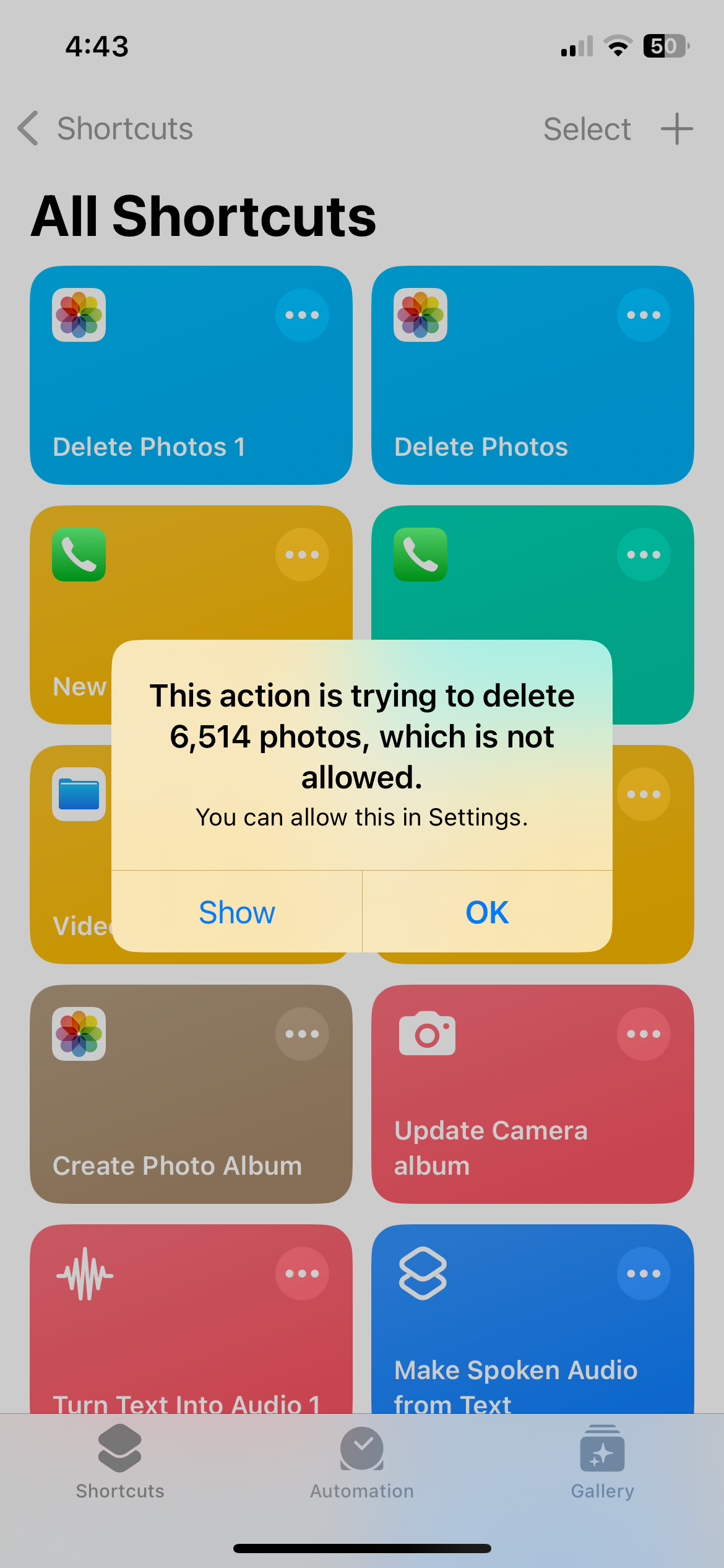 خطای برنامه Shortcuts هنگام حذف محتوا