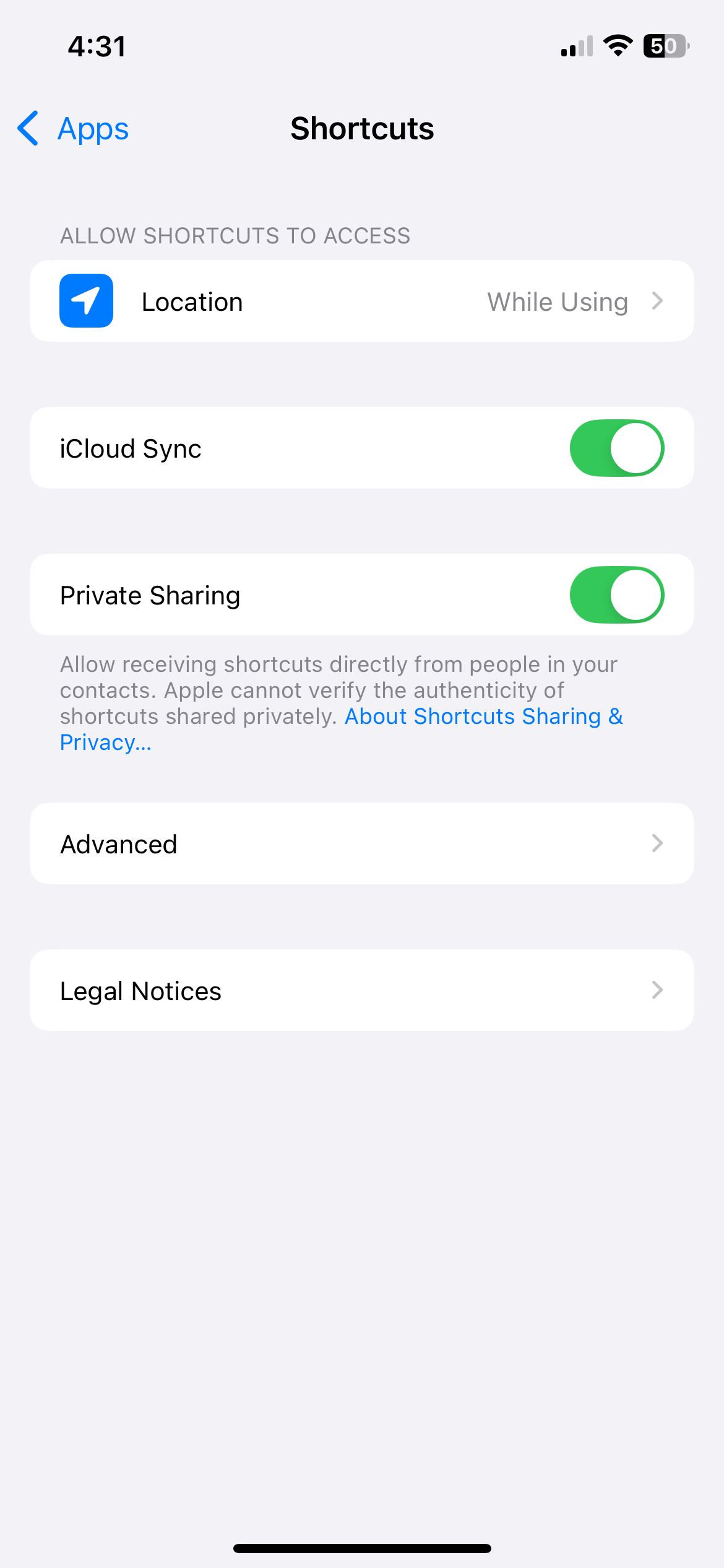 منوی تنظیمات برنامه Shortcuts در iPhone
