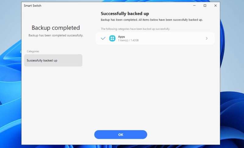 برنامه Smart Switch نشان می‌دهد پیام پایان پشتیبان‌گیری پوشه امن در رایانه