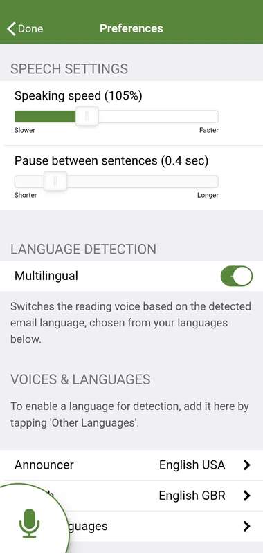 تنظیمات تنظیم صدا در ایمیل گفتاری