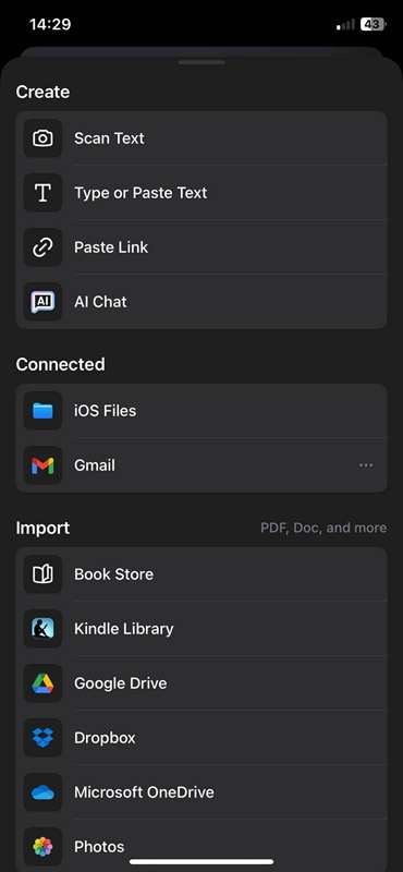 منوی منبع محتوای Speechify