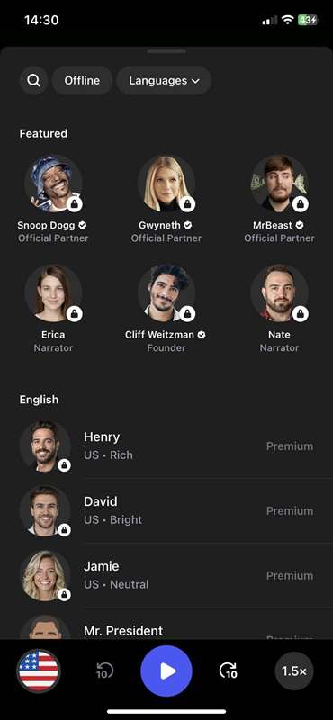 گزینههای صدا در Speechify