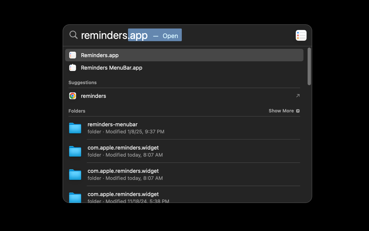 صفحه Spotlight با Reminders در نوار جستجو