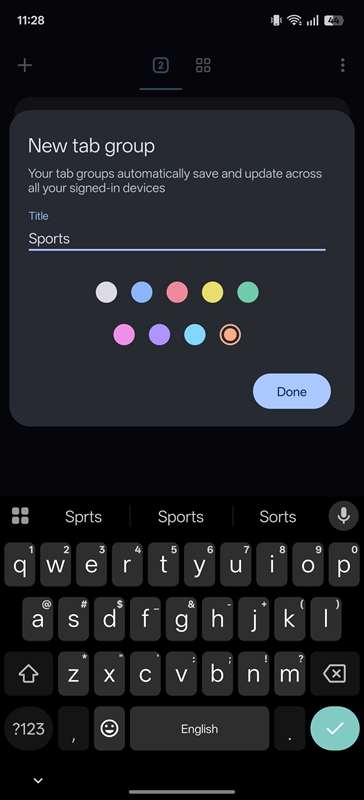 نام‌گذاری یک گروه تب و انتخاب رنگ برای آن در Chrome بر روی اندروید.