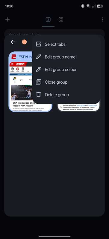 دسترسی به تمام گزینه‌های مدیریت گروه تب در Chrome بر روی اندروید.