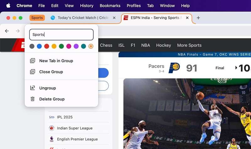 گزینه‌های موجود برای مدیریت یک گروه تب Chrome در مک.