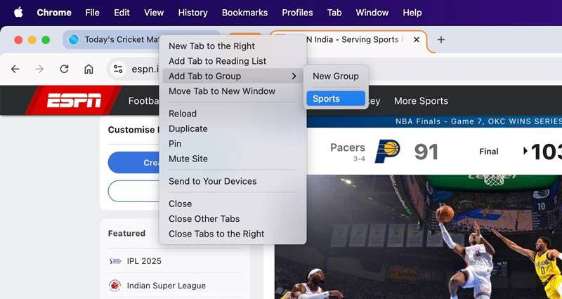 افزودن تب دوم به یک گروه تب در Chrome بر روی مک.