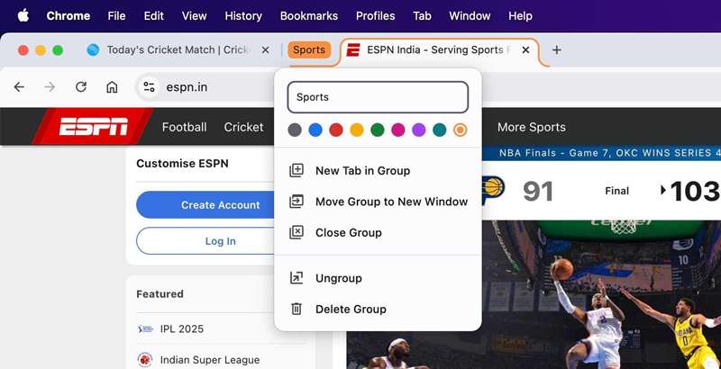نام‌گذاری و انتخاب رنگ برای یک گروه تب جدید در Chrome بر روی مک.