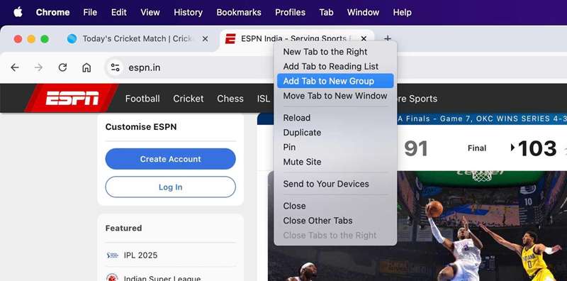 گزینه افزودن تب به یک گروه جدید در Chrome برای ایجاد یک گروه تب جدید در مک.