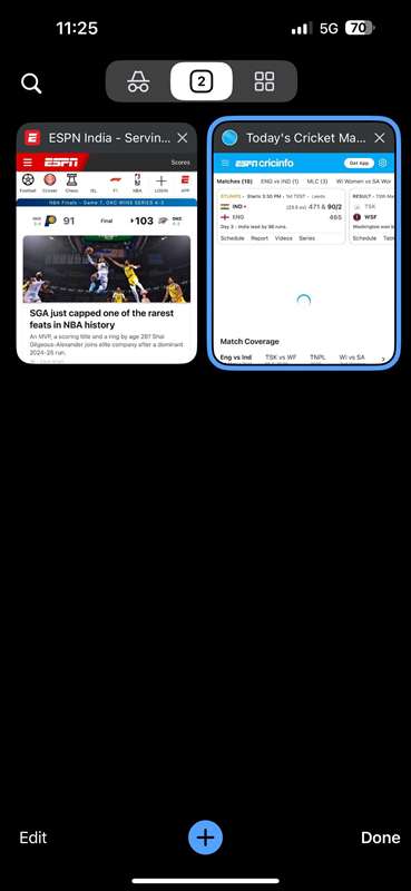 تعویض‌کننده تب Chrome در آیفون که لیستی از تمام تب‌های باز را نشان می‌دهد.