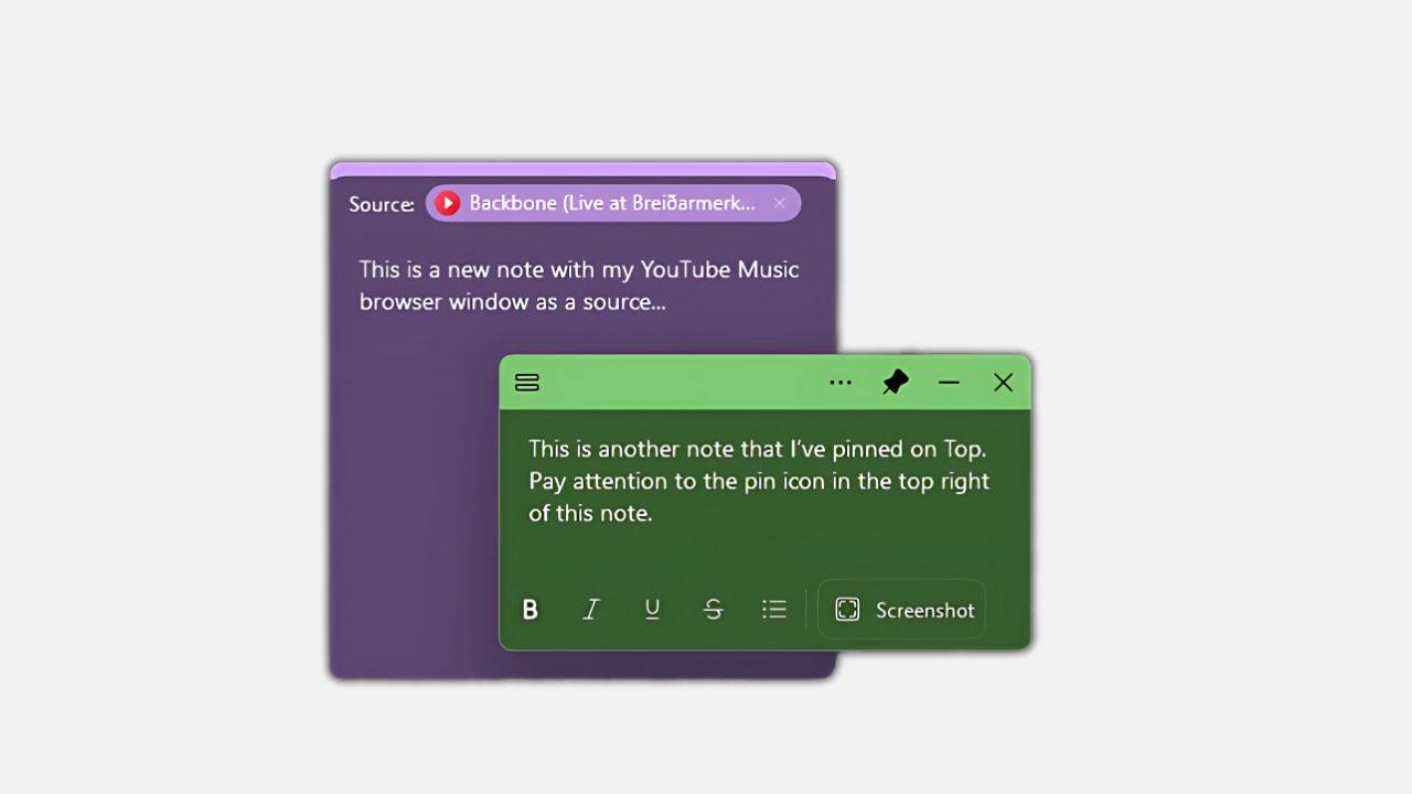 Sticky Notes در ویندوز 11 که بر روی دیگری پین شدهاند