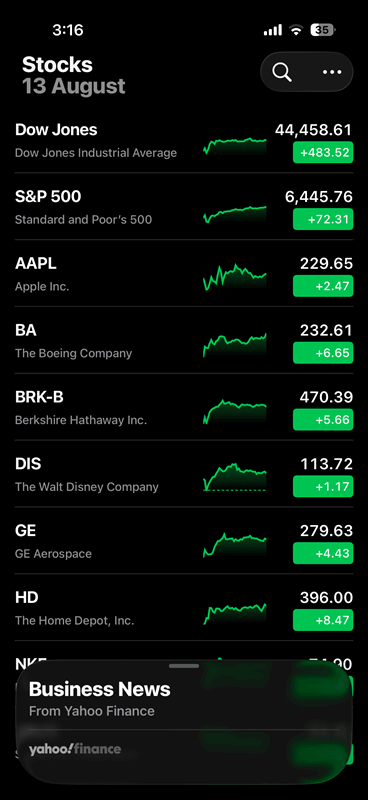 صفحه اصلی برنامهٔ سهام در آیفون