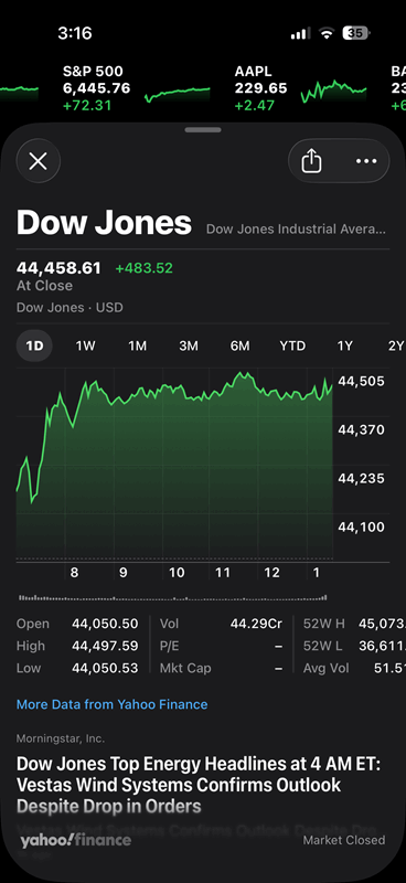 نمودار داو جونز در برنامهٔ سهام در آیفون