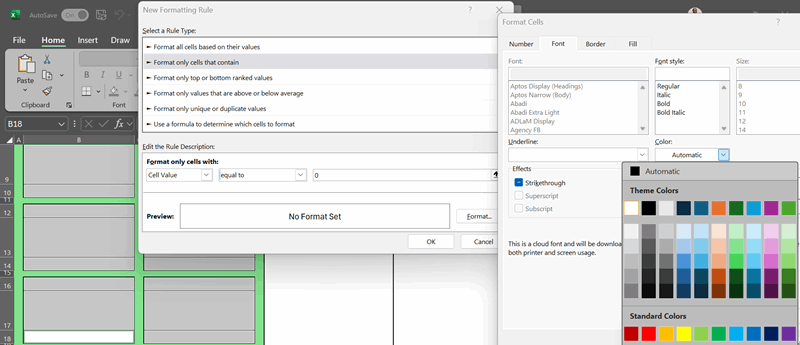 پنجره New Formatting Rule که در کنار پنجره Format Cells در اکسل باز است