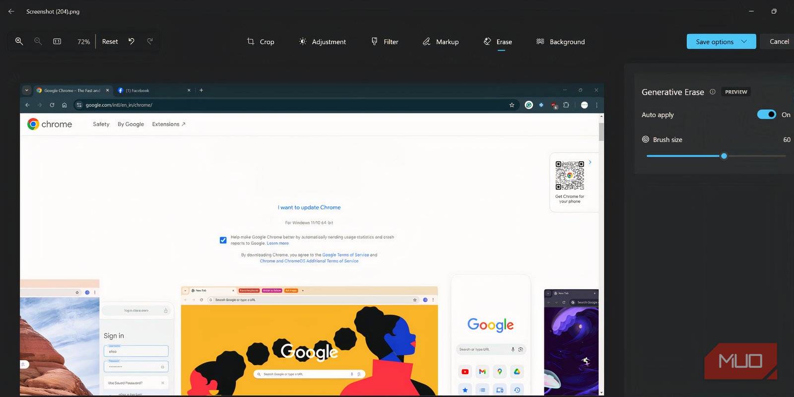 صفحهٔ ویرایش برنامه Photos گزینه Generative Erase در عمل