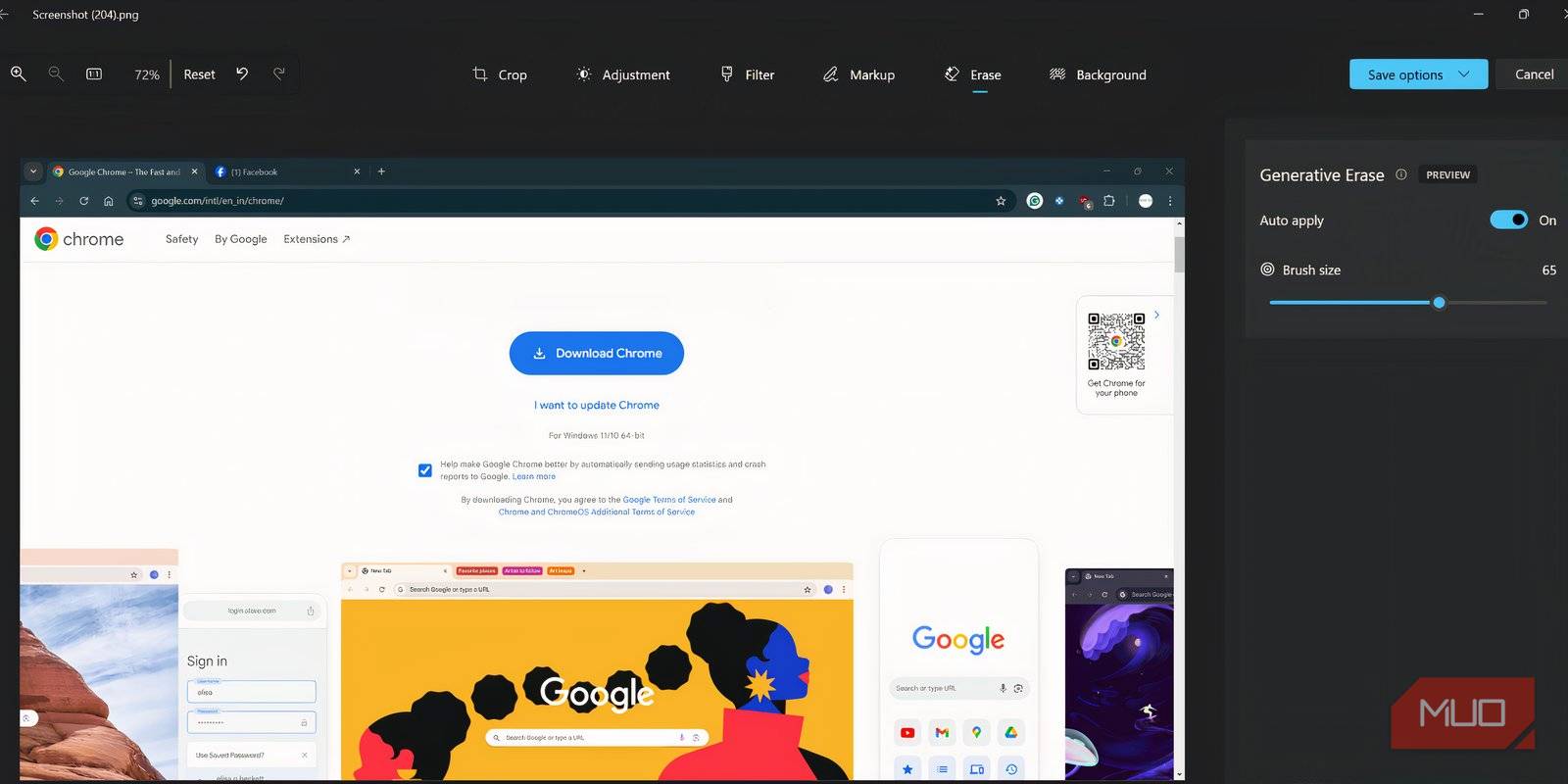 صفحهٔ ویرایش برنامه Photos گزینه Generative Erase انتخاب‌شده