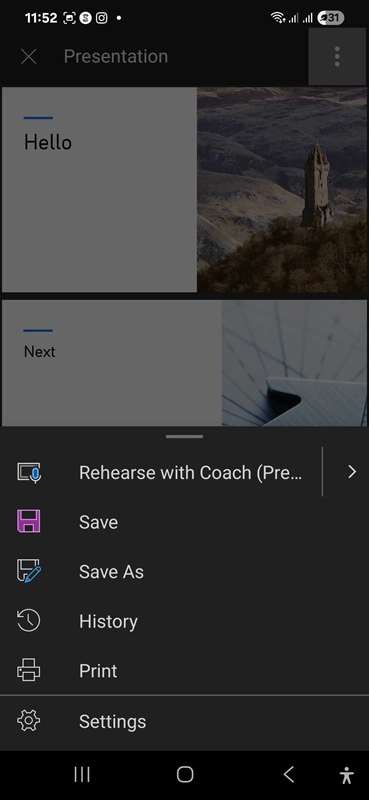 گزینههای سریع در پاورپوینت برای اندروید باز بر روی یک اسلایددک