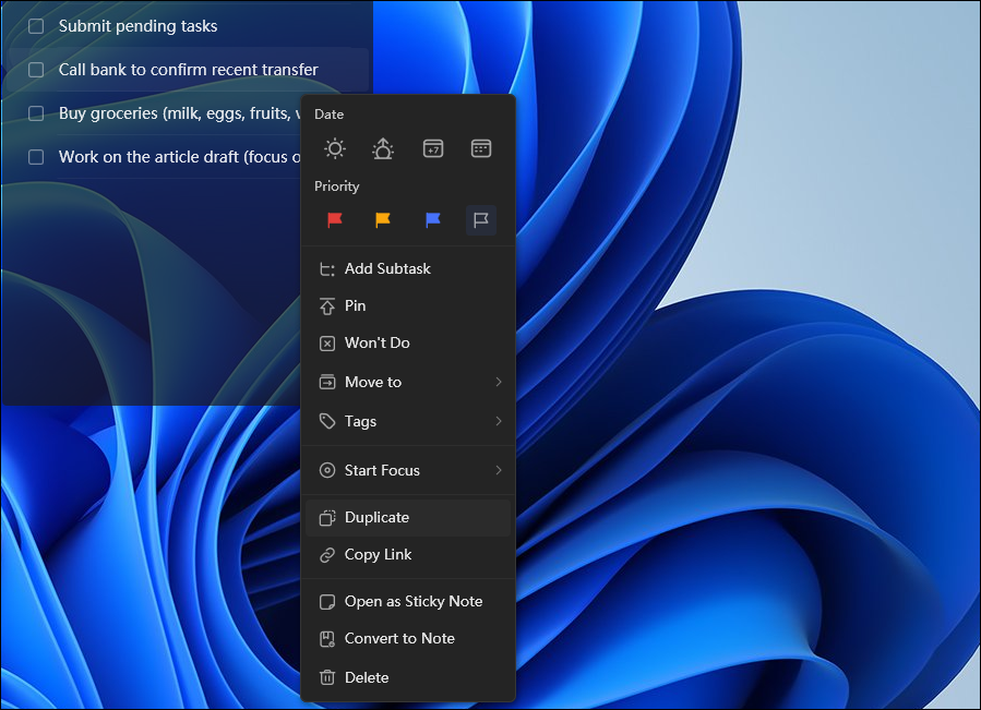 ویجت دسکتاپ TickTick و منوی زمینه