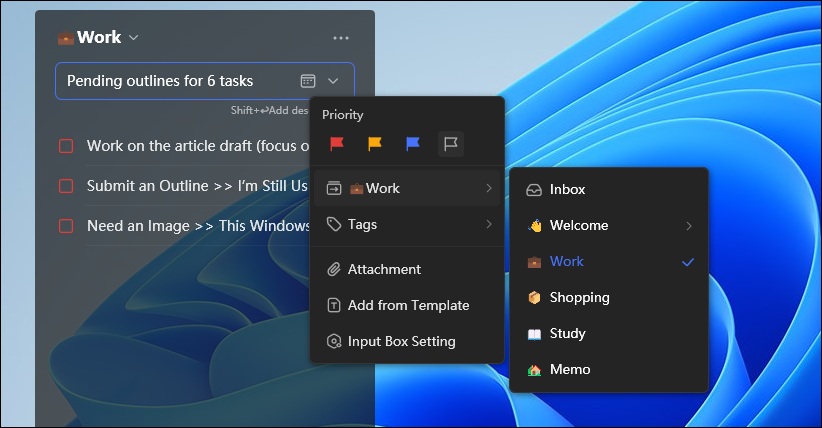 گزینه‌های بیشتر ویجت دسکتاپ TickTick